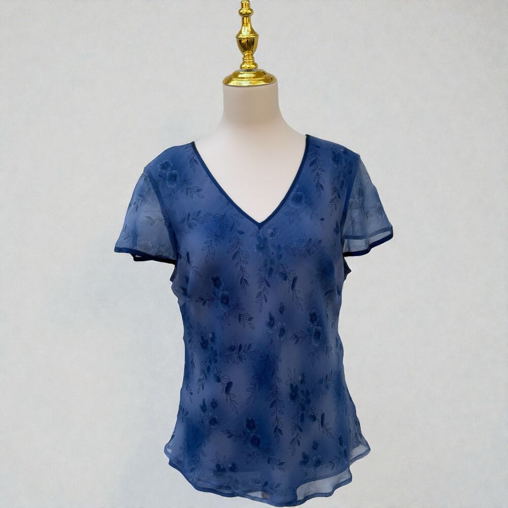 VTG Y2K Fashion Bug Chiffon Top Blouse Sz L Blue 100% Silk Floral Coquette Fairy